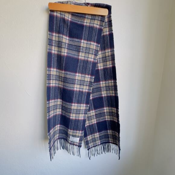 Vintage Edinburgh 100% Cashmere Plaid Scarf Navy Cream Tartan Made in Scotland - Picture 1 of 7